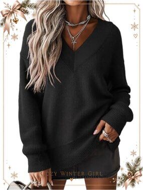Women's V Neck Long Sleeve Soft Loose Pullover Sweater Asymmetric Hem